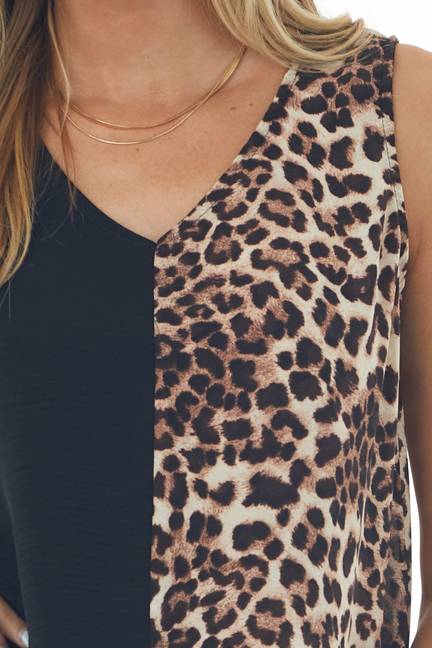 Black Leopard Print Colorblock V Neck Top