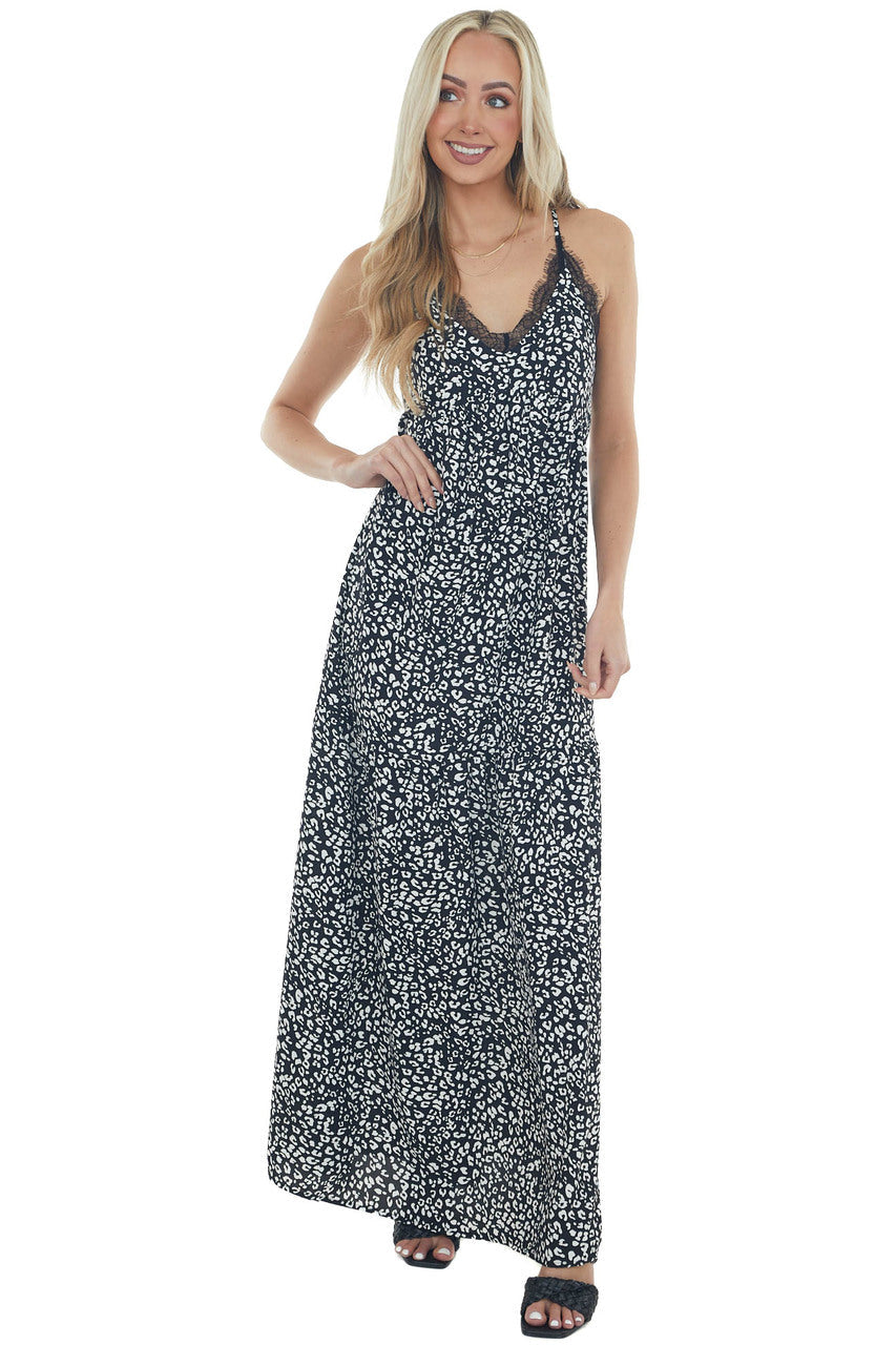 Black Leopard Print Lace Trim Maxi Dress