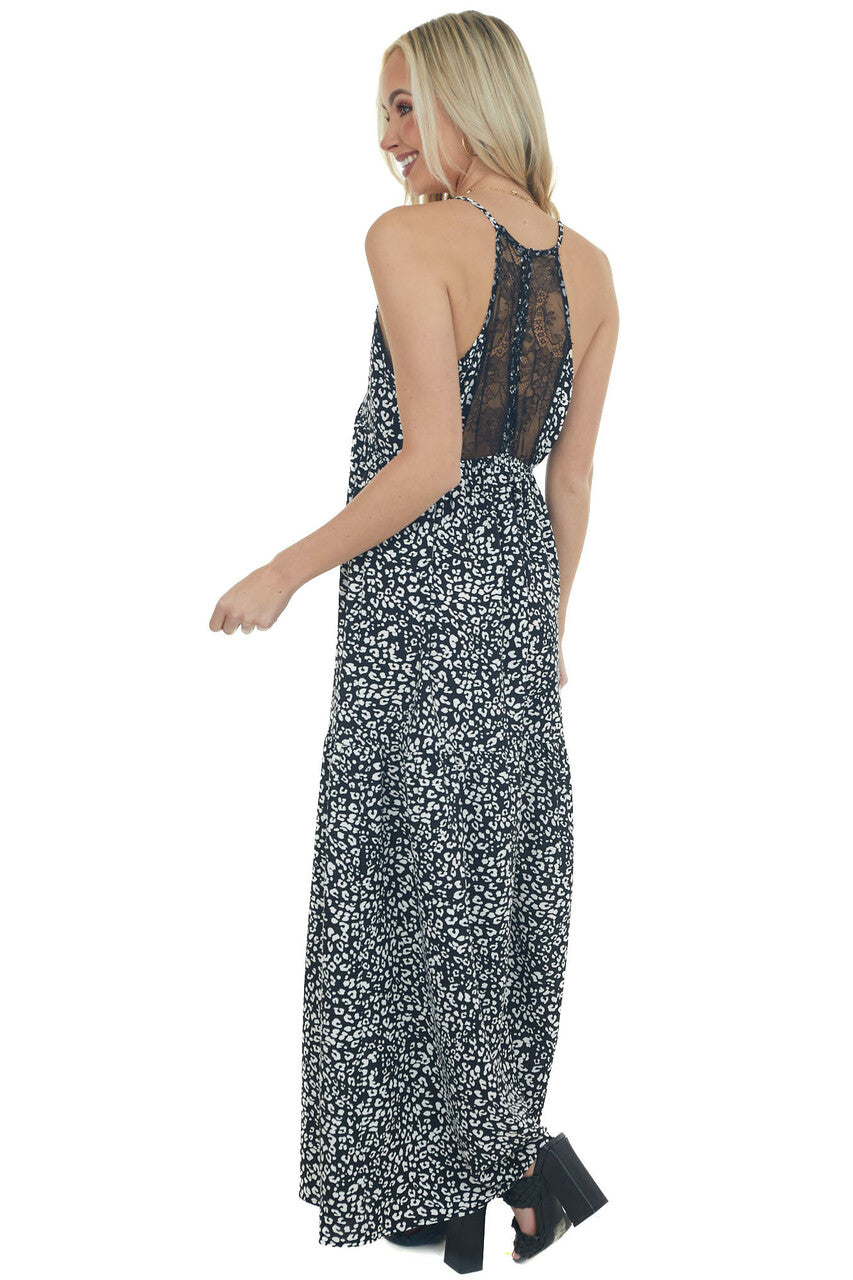 Black Leopard Print Lace Trim Maxi Dress