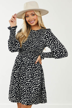 Black Leopard Print Long Sleeve Smocked Dress
