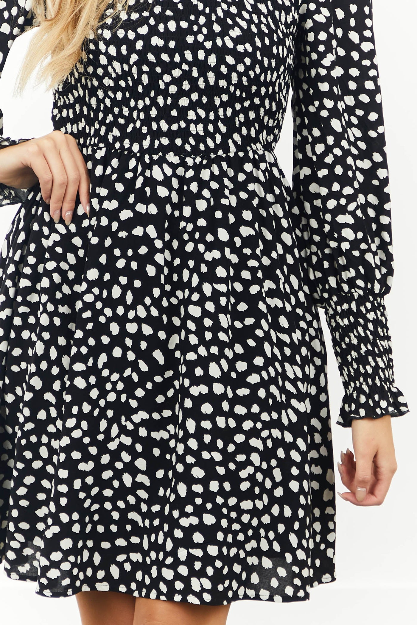 Black Leopard Print Long Sleeve Smocked Dress