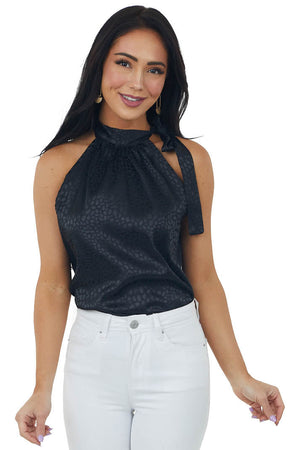 Black Leopard Satin Halter Top with Tie Strap