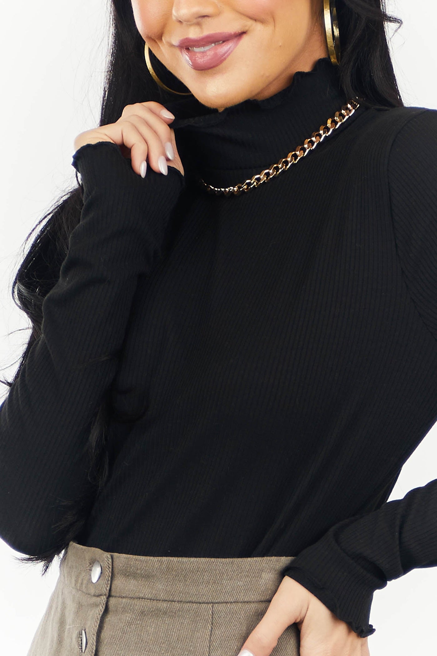 Black Lettuce Trim Mock Neck Ribbed Top