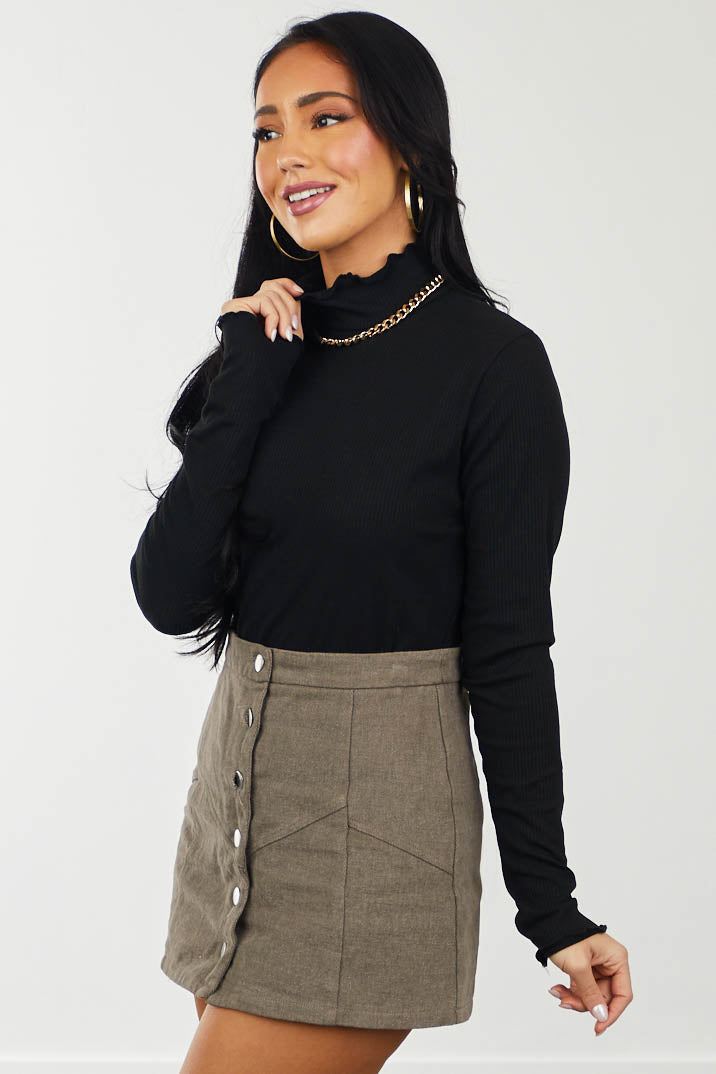 Black Lettuce Trim Mock Neck Ribbed Top