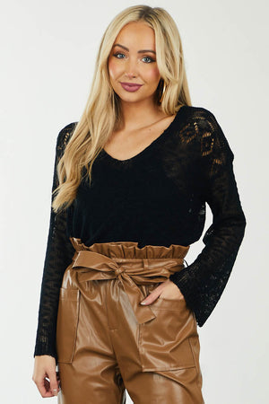 Black Lightweight Knit Sweater with Pointelle Details