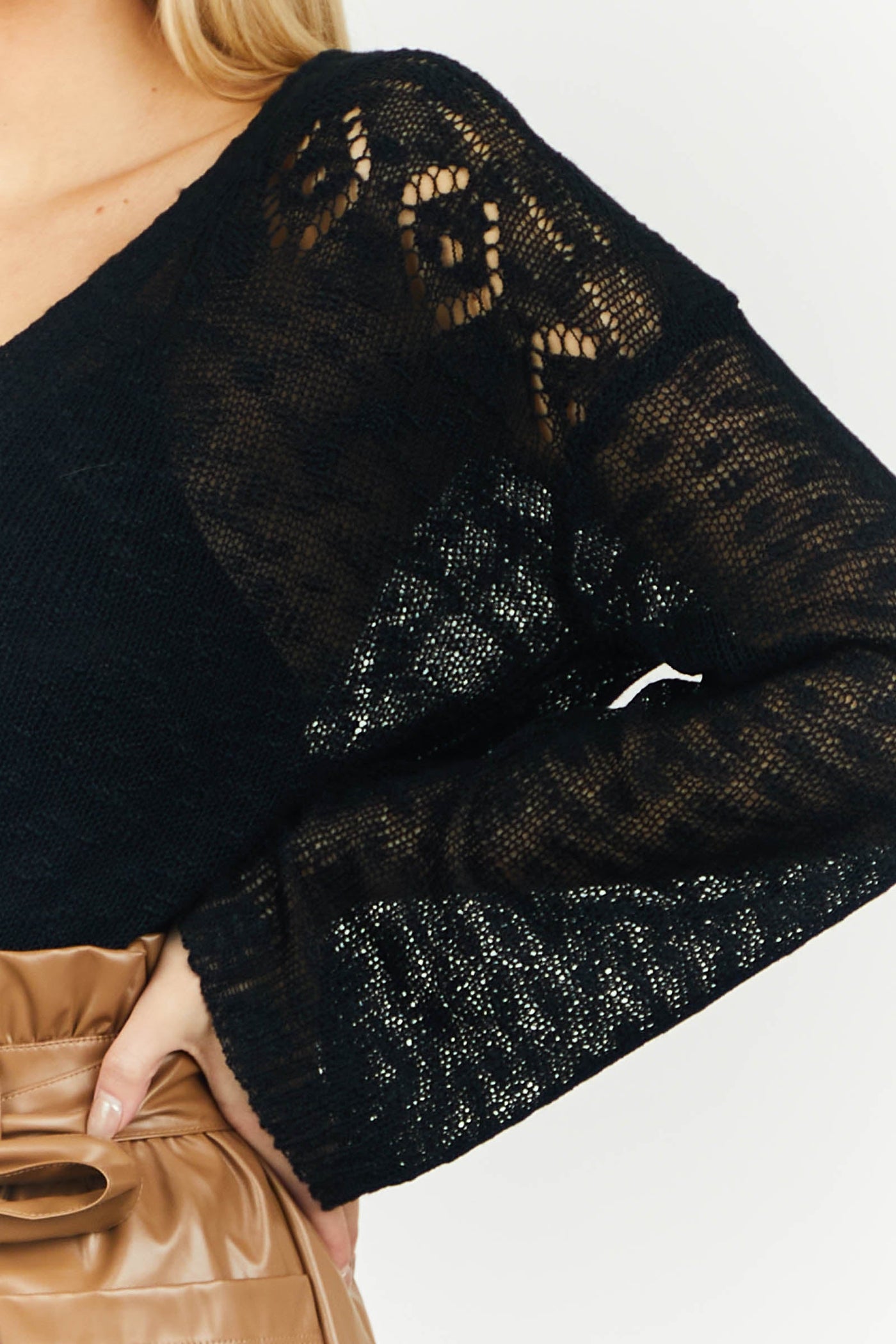 Black Lightweight Knit Sweater with Pointelle Details