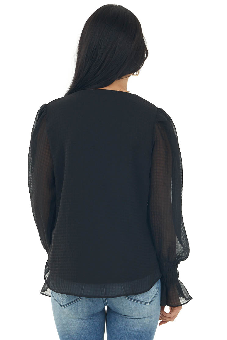 Black Long Bubble Sleeve V Neck Woven Blouse