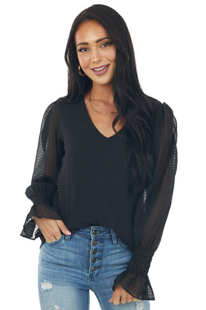 Black Long Bubble Sleeve V Neck Woven Blouse