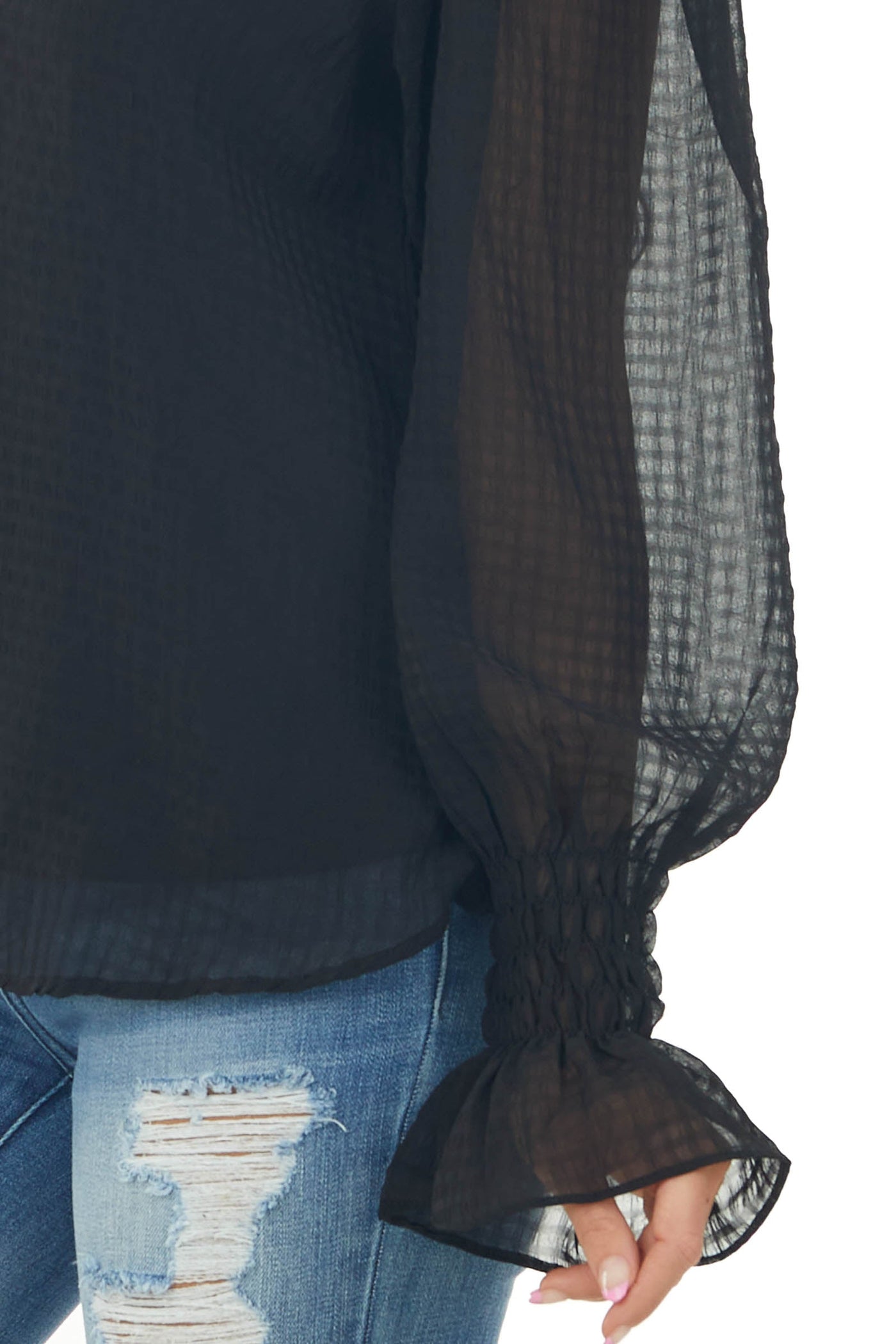 Black Long Bubble Sleeve V Neck Woven Blouse