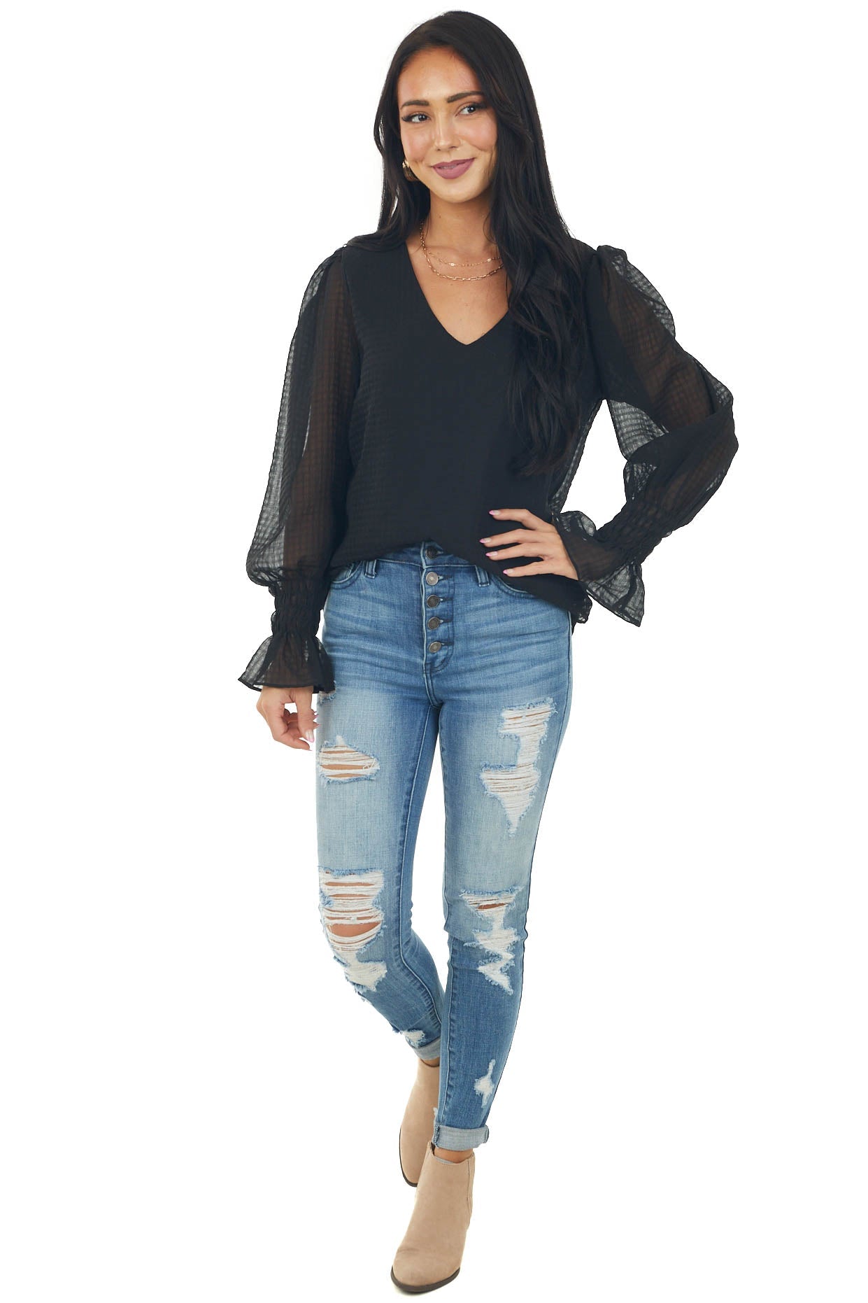 Black Long Bubble Sleeve V Neck Woven Blouse