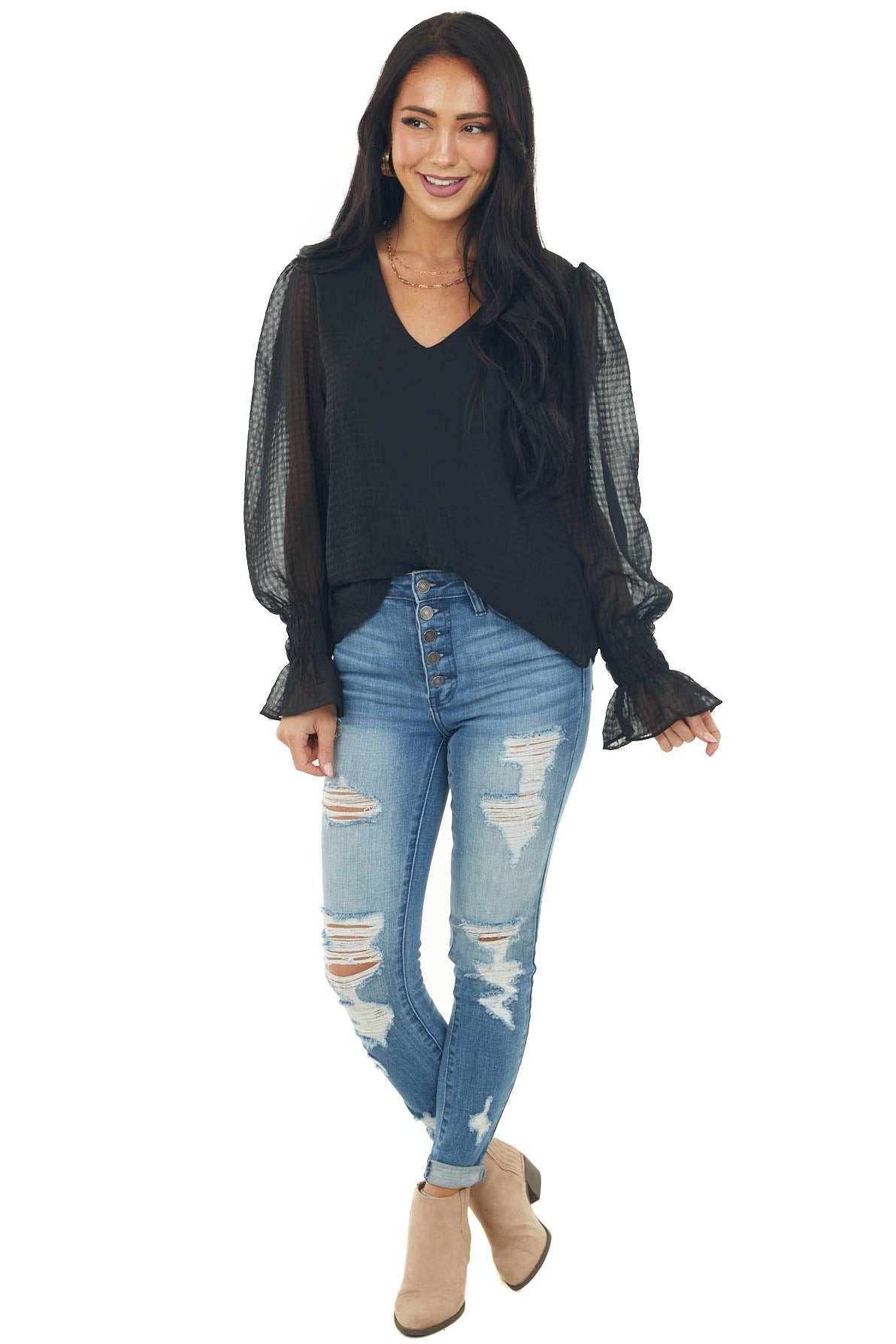 Black Long Bubble Sleeve V Neck Woven Blouse