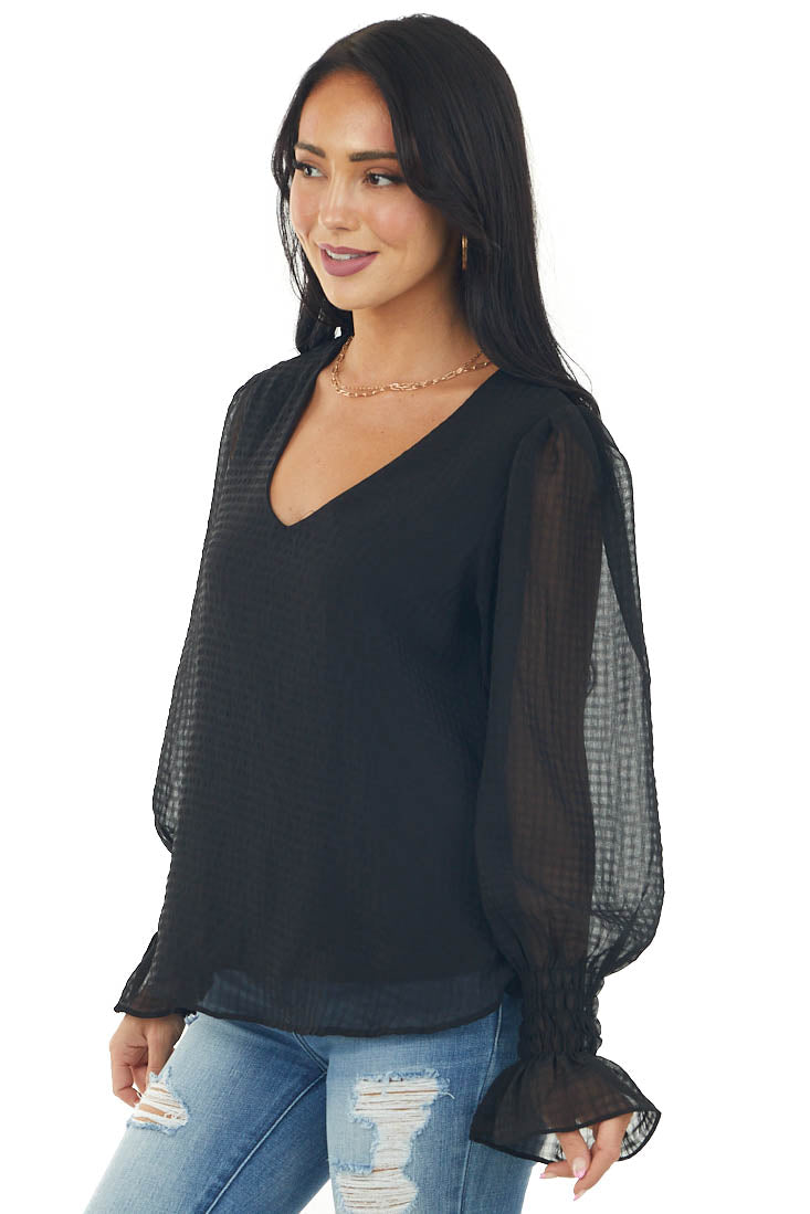 Black Long Bubble Sleeve V Neck Woven Blouse