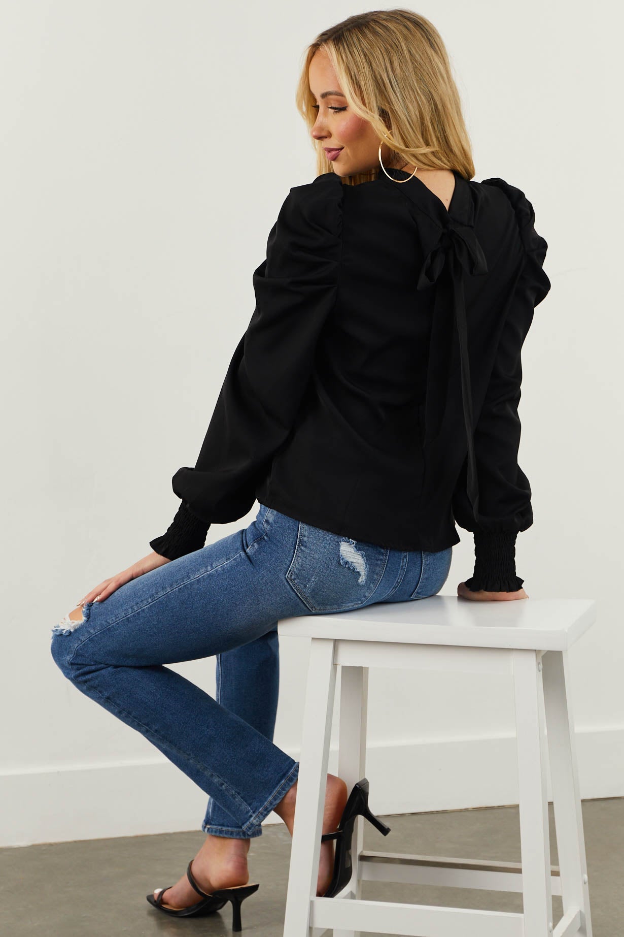 Black Long Puff Sleeve Neck Tie Detail Blouse