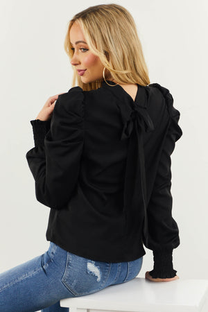 Black Long Puff Sleeve Neck Tie Detail Blouse