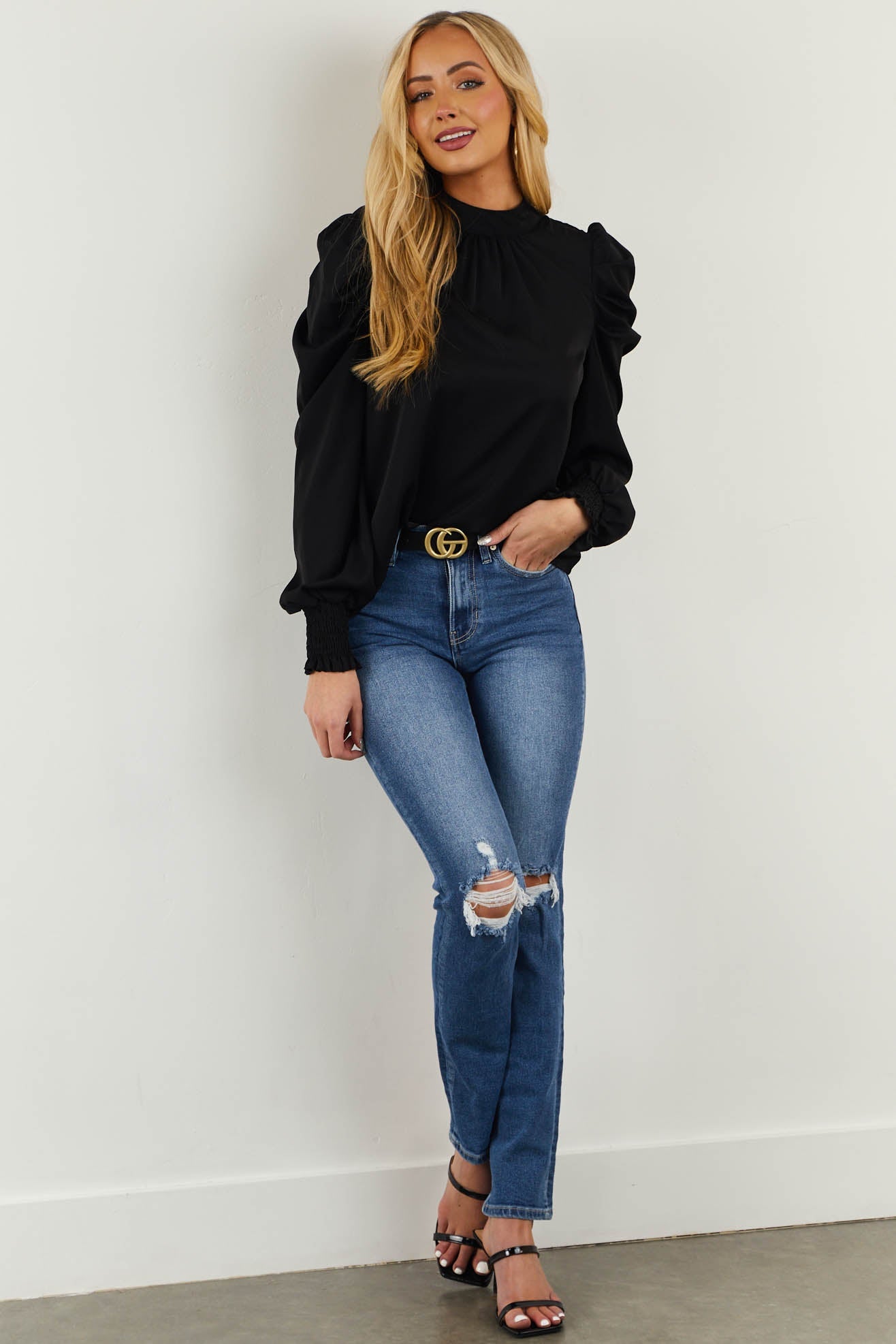 Black Long Puff Sleeve Neck Tie Detail Blouse