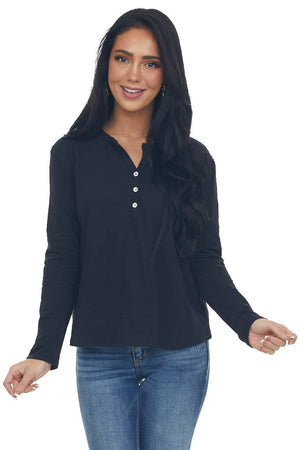 Black Long Sleeve Notch Neck Henley Top