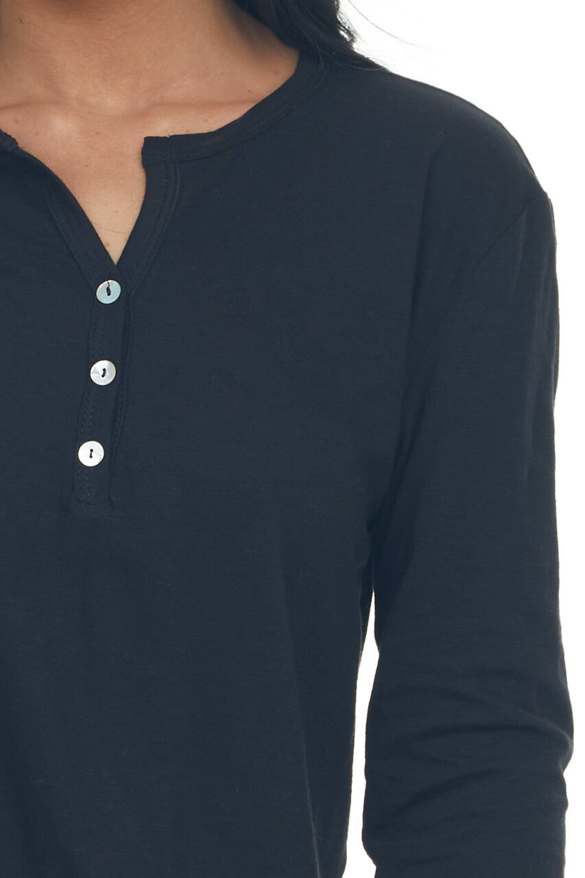 Black Long Sleeve Notch Neck Henley Top