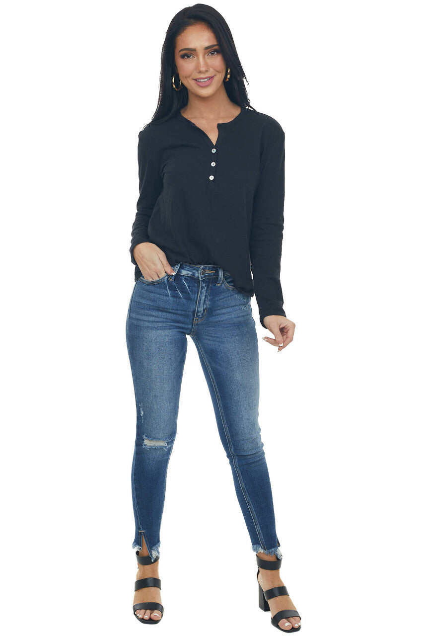 Black Long Sleeve Notch Neck Henley Top