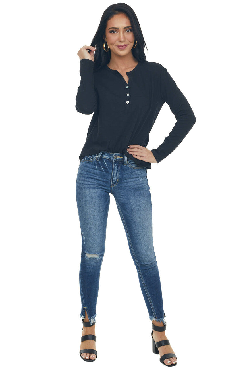 Black Long Sleeve Notch Neck Henley Top
