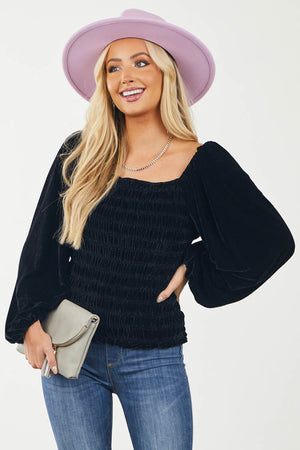 Black Long Sleeve Smocked Knit Velvet Top
