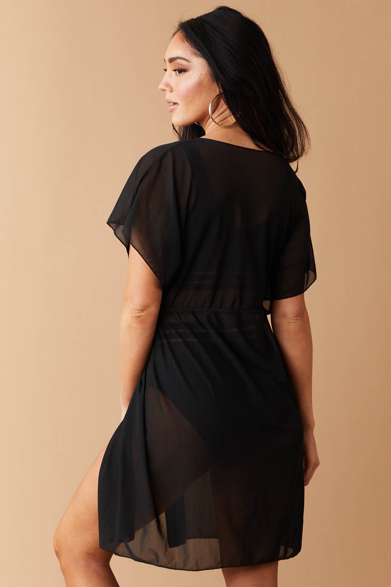 Black Mesh Open Front Swim Cover Up with Waist Tie