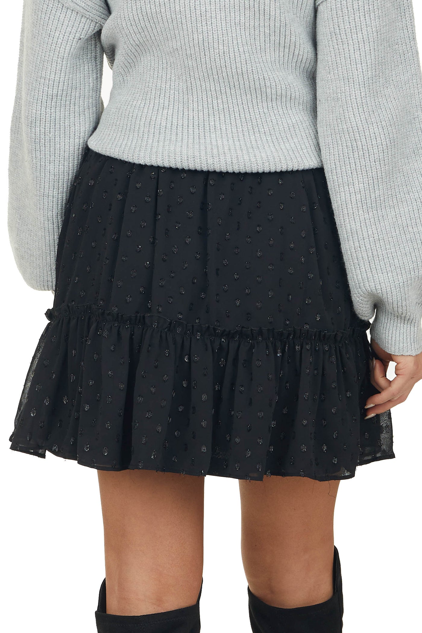 Black Metallic Swiss Dot Elastic Waist Skirt