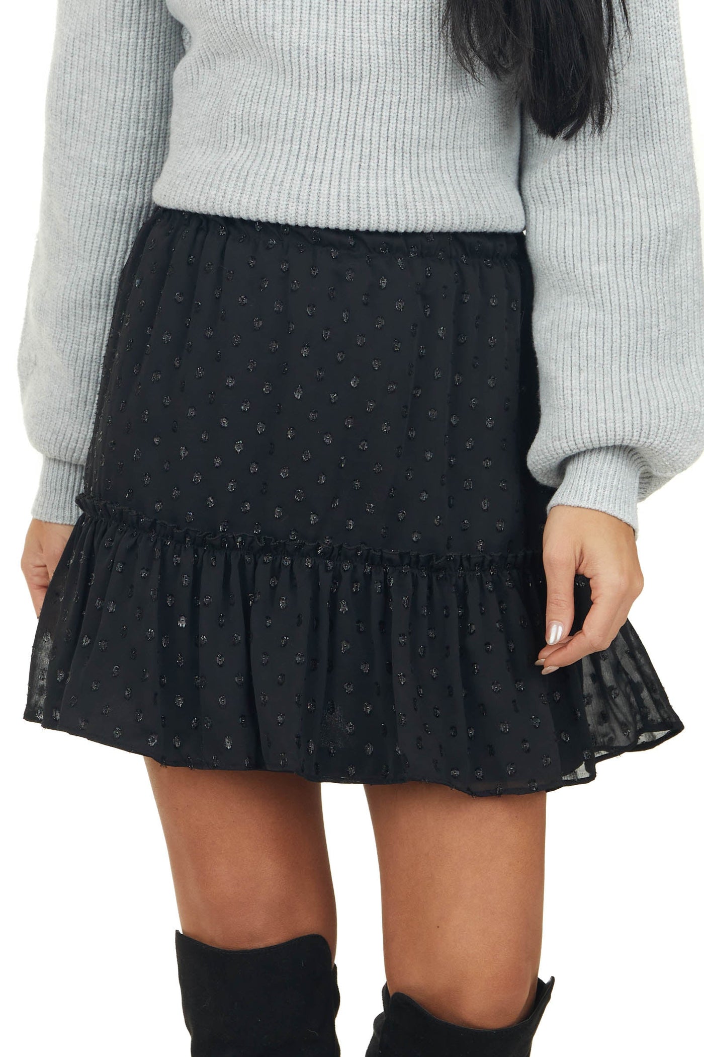 Black Metallic Swiss Dot Elastic Waist Skirt