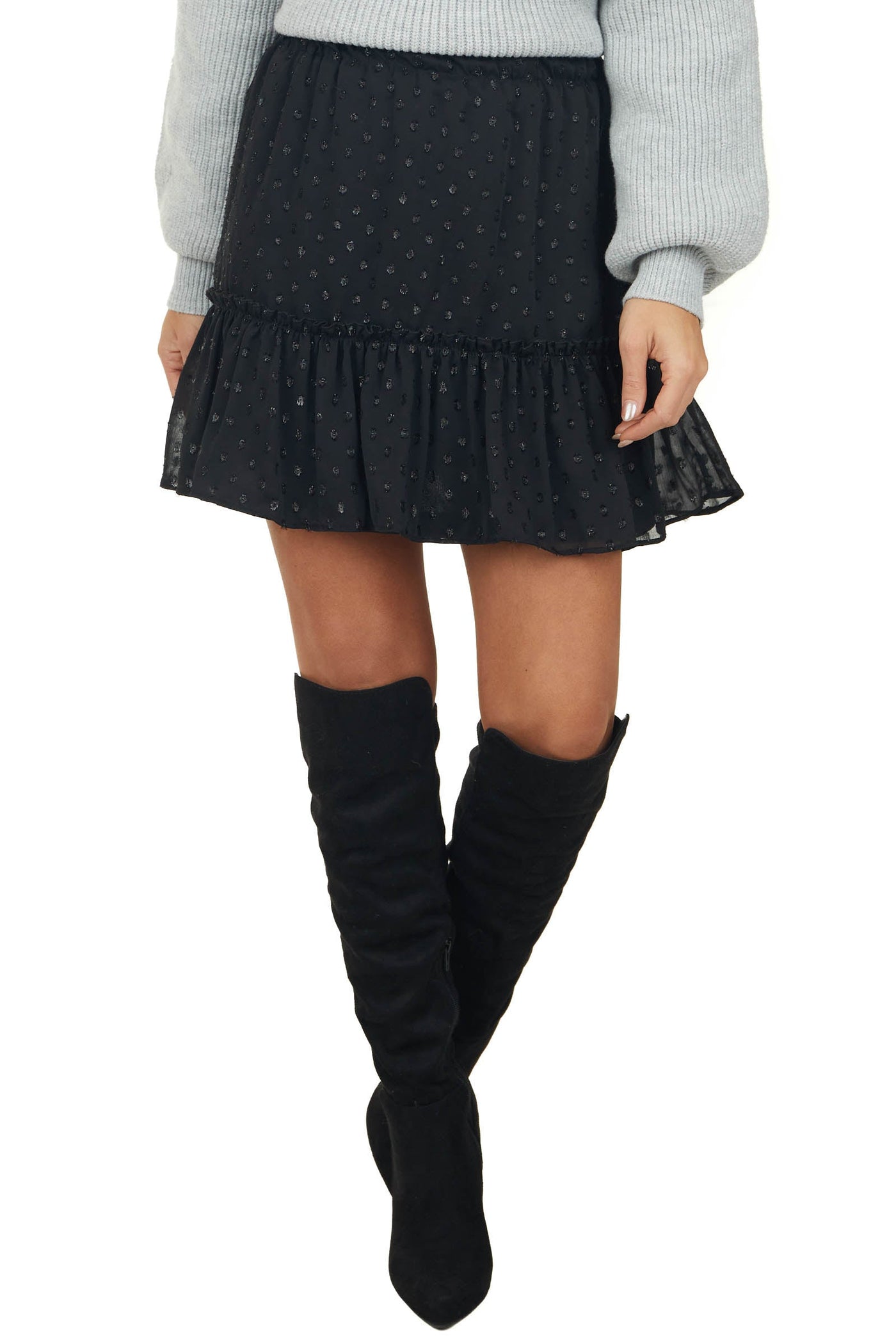 Black Metallic Swiss Dot Elastic Waist Skirt