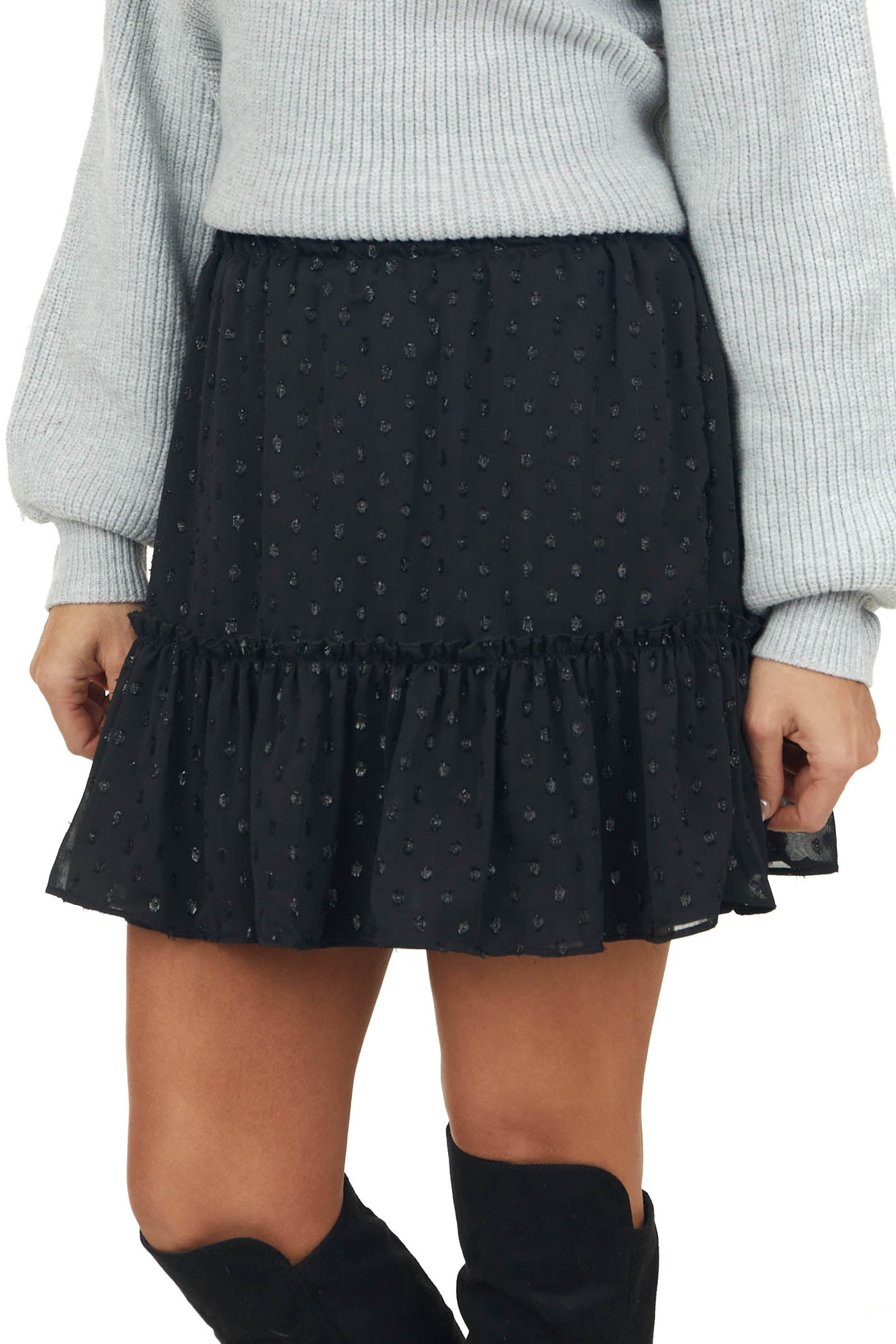 Black Metallic Swiss Dot Elastic Waist Skirt