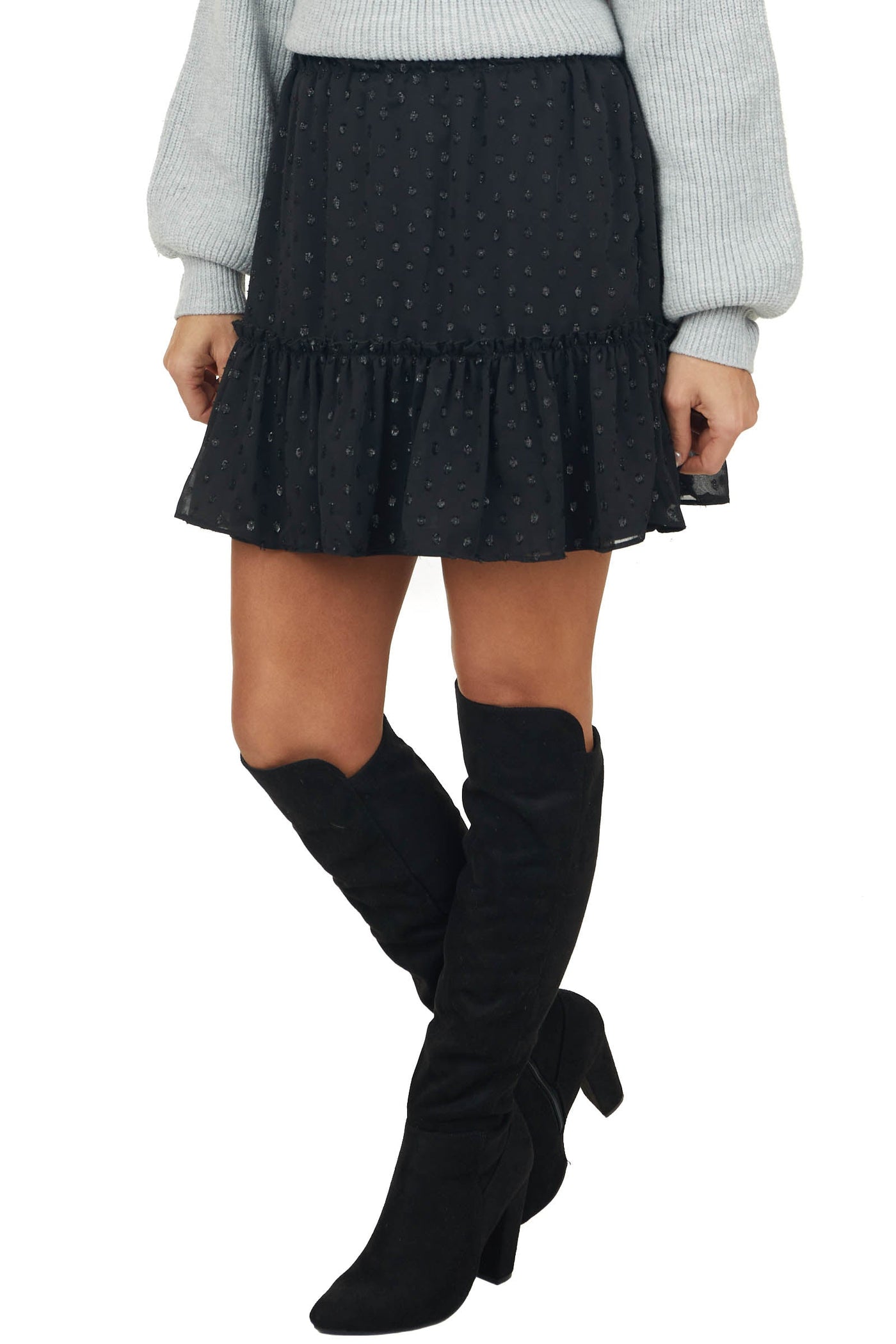 Black Metallic Swiss Dot Elastic Waist Skirt