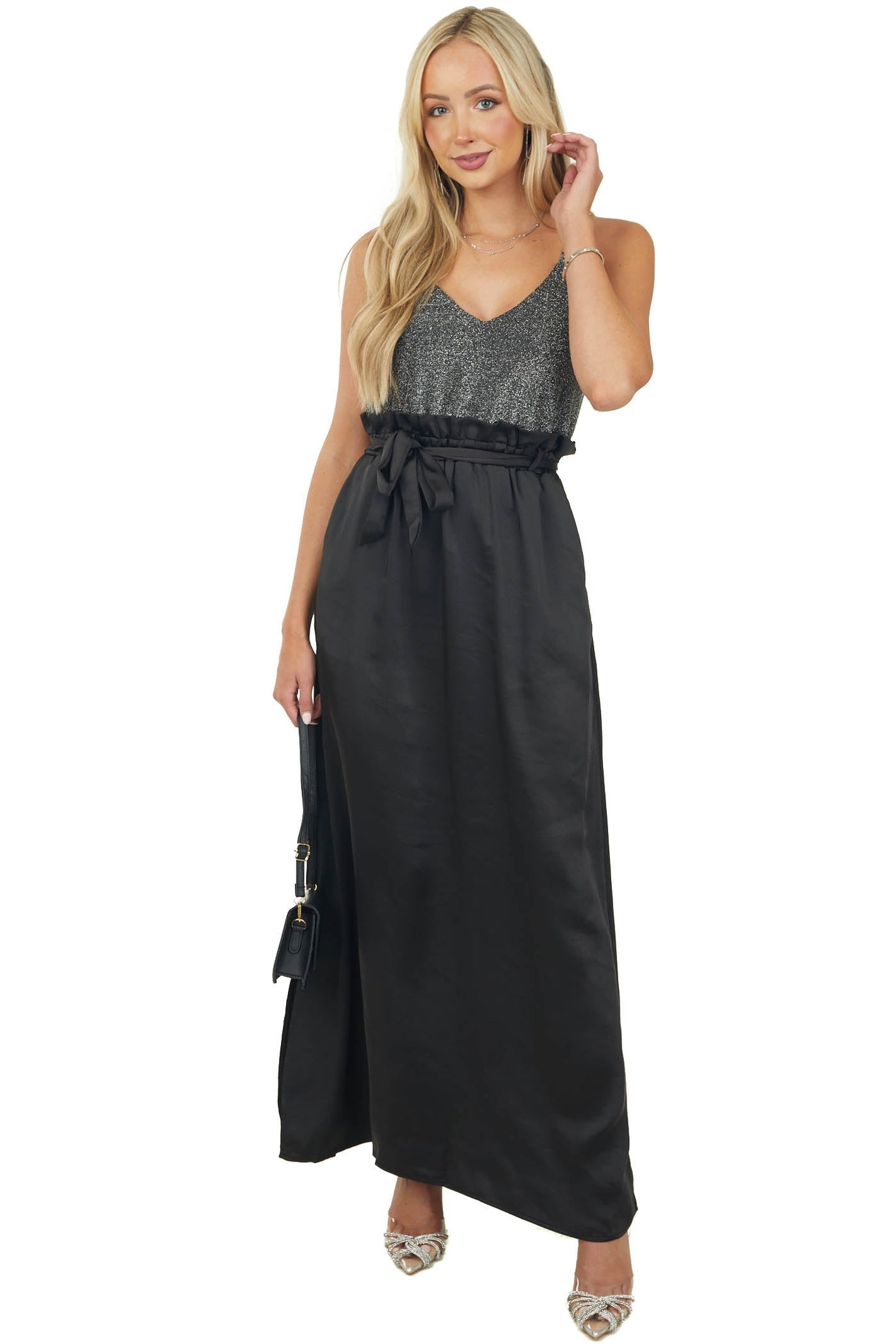 Black Metallic Threaded Sleeveless Maxi Dress