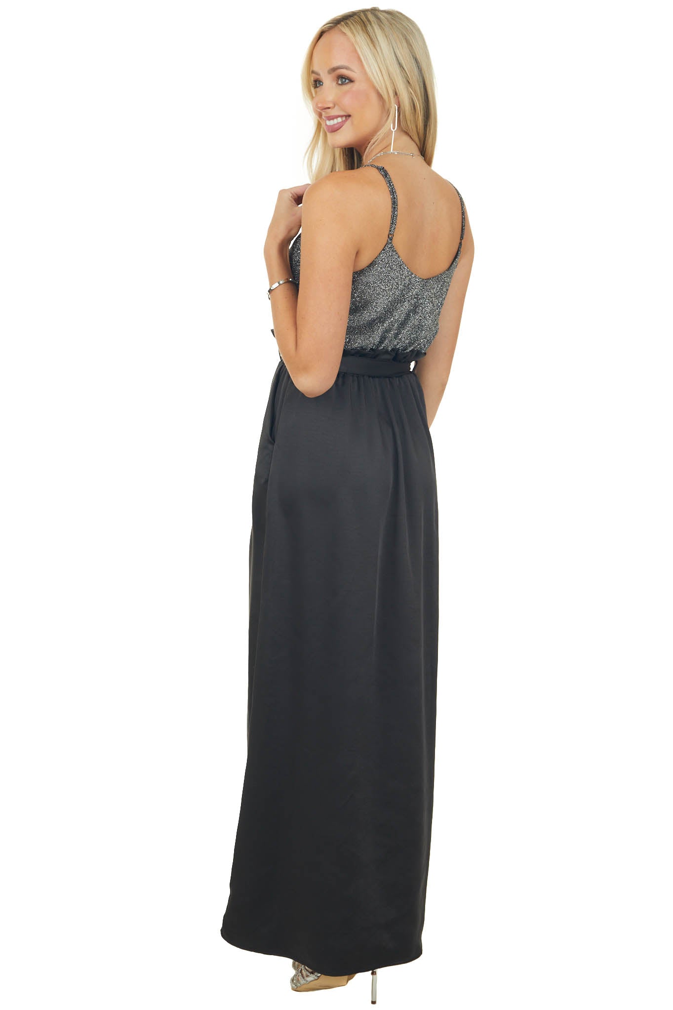 Black Metallic Threaded Sleeveless Maxi Dress