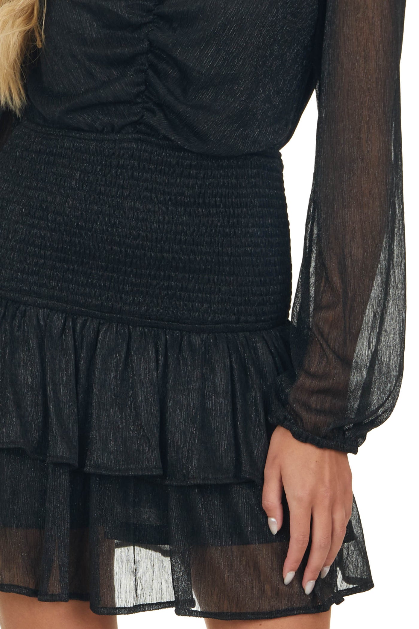 Black Metallic Threaded Smocked Waist Mini Dress