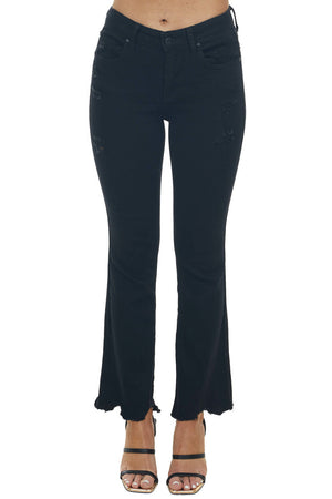Black Mid Rise Flare Jeans with Distressing and Raw Hem