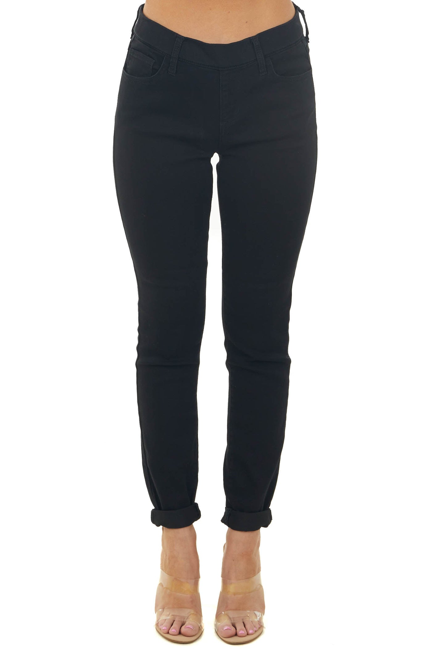 Black Mid Rise Rolled Hem Skinny Jeggings