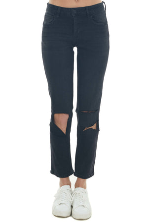 Black Mid Rise Slit Knee Boyfriend Jeans