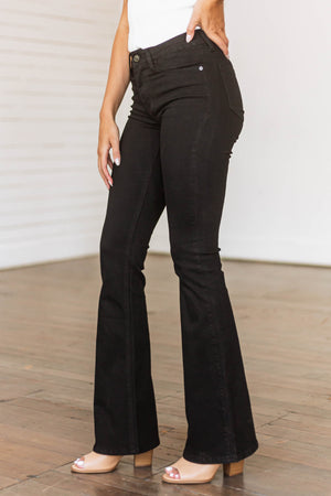 Black Mid Rise Stretchy Denim Flare Jeans