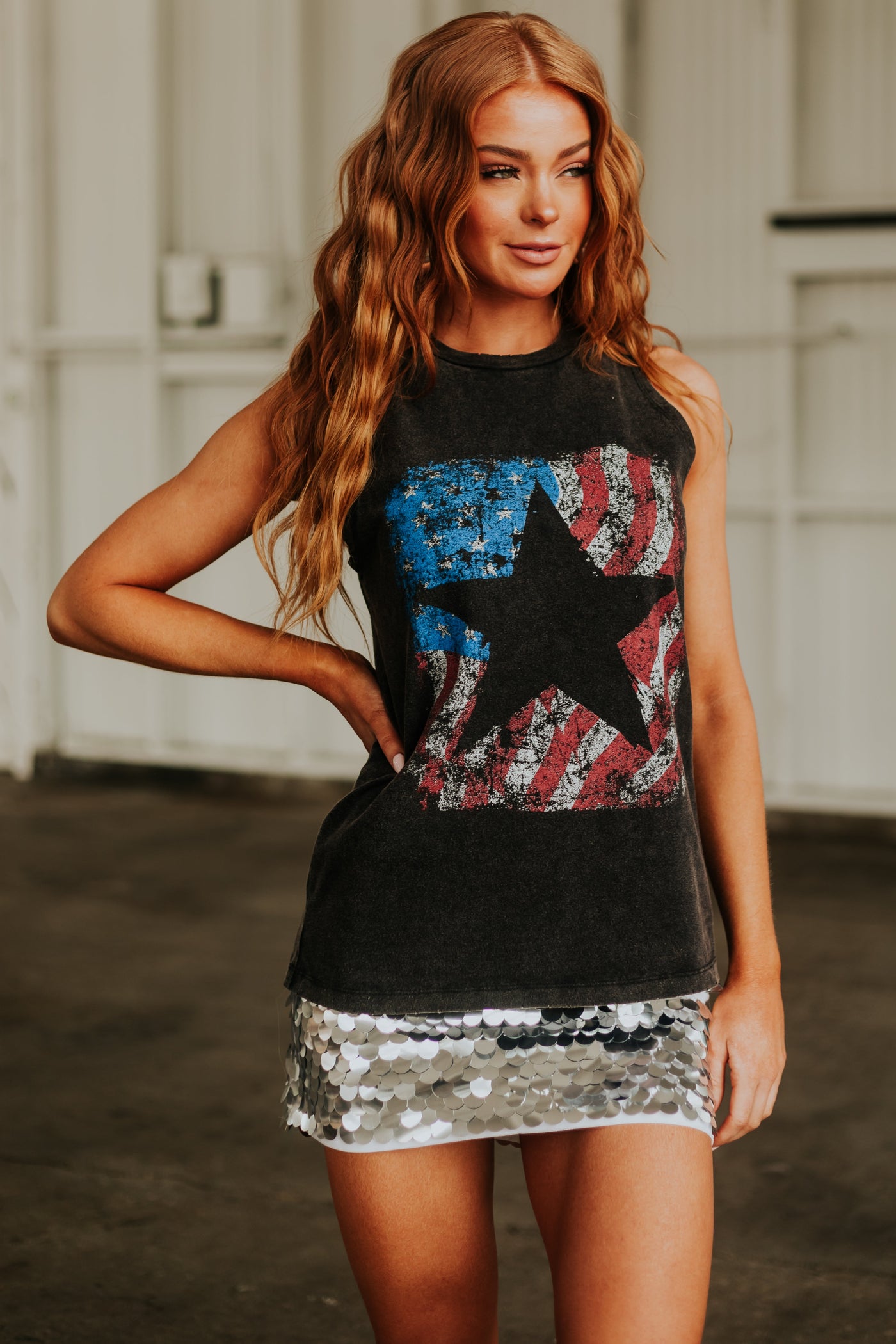 Black Mineral Wash Americana Graphic Tank Top