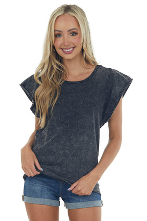 Black Mineral Wash Ruffle Sleeve Soft Knit Top