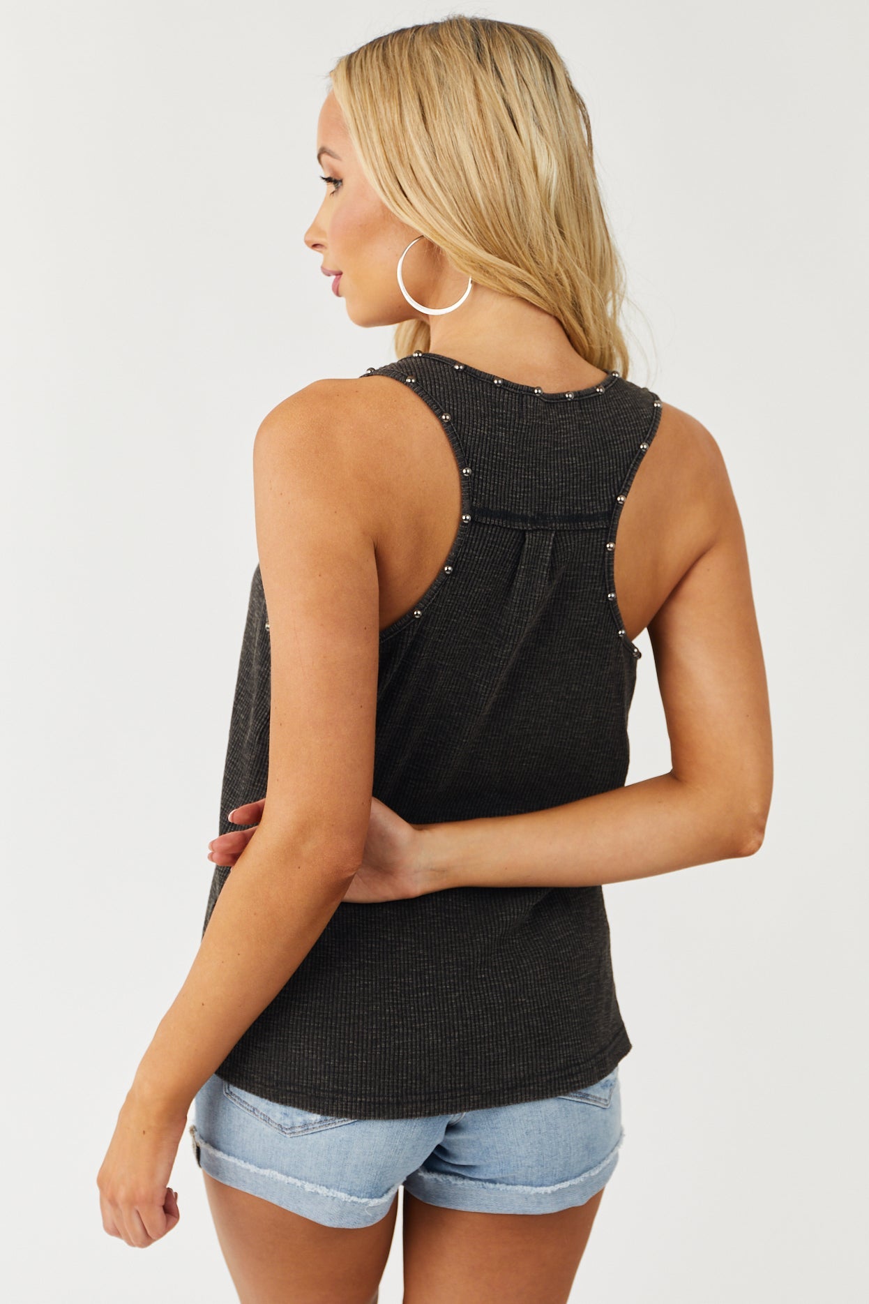 Black Mineral Washed Studded Detail Tank Top