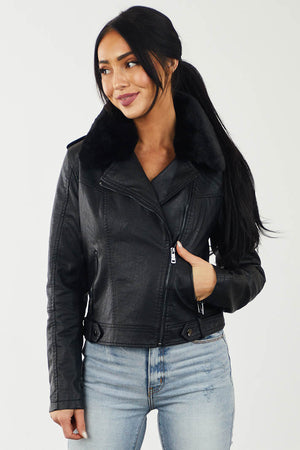 Black Moto Jacket with Faux Fur Collar