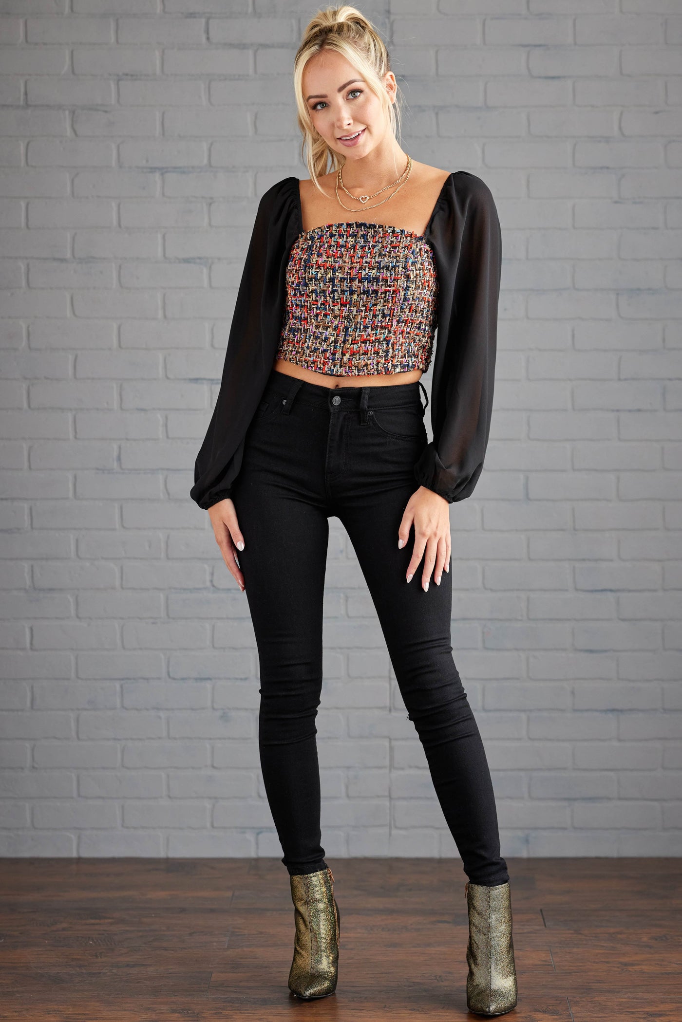Black Multicolor Tweed Blouse with Chiffon Sleeve