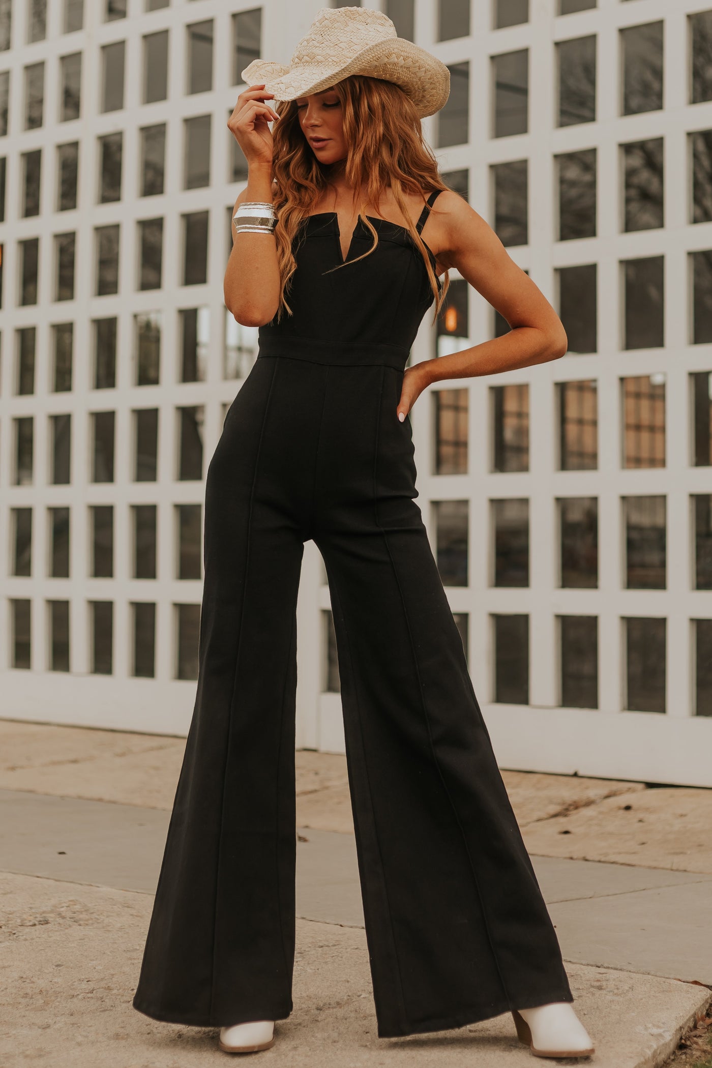 Black Notch Neck Flare Leg Denim Jumpsuit