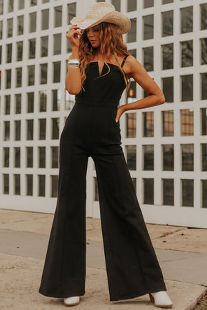 Black Notch Neck Flare Leg Denim Jumpsuit