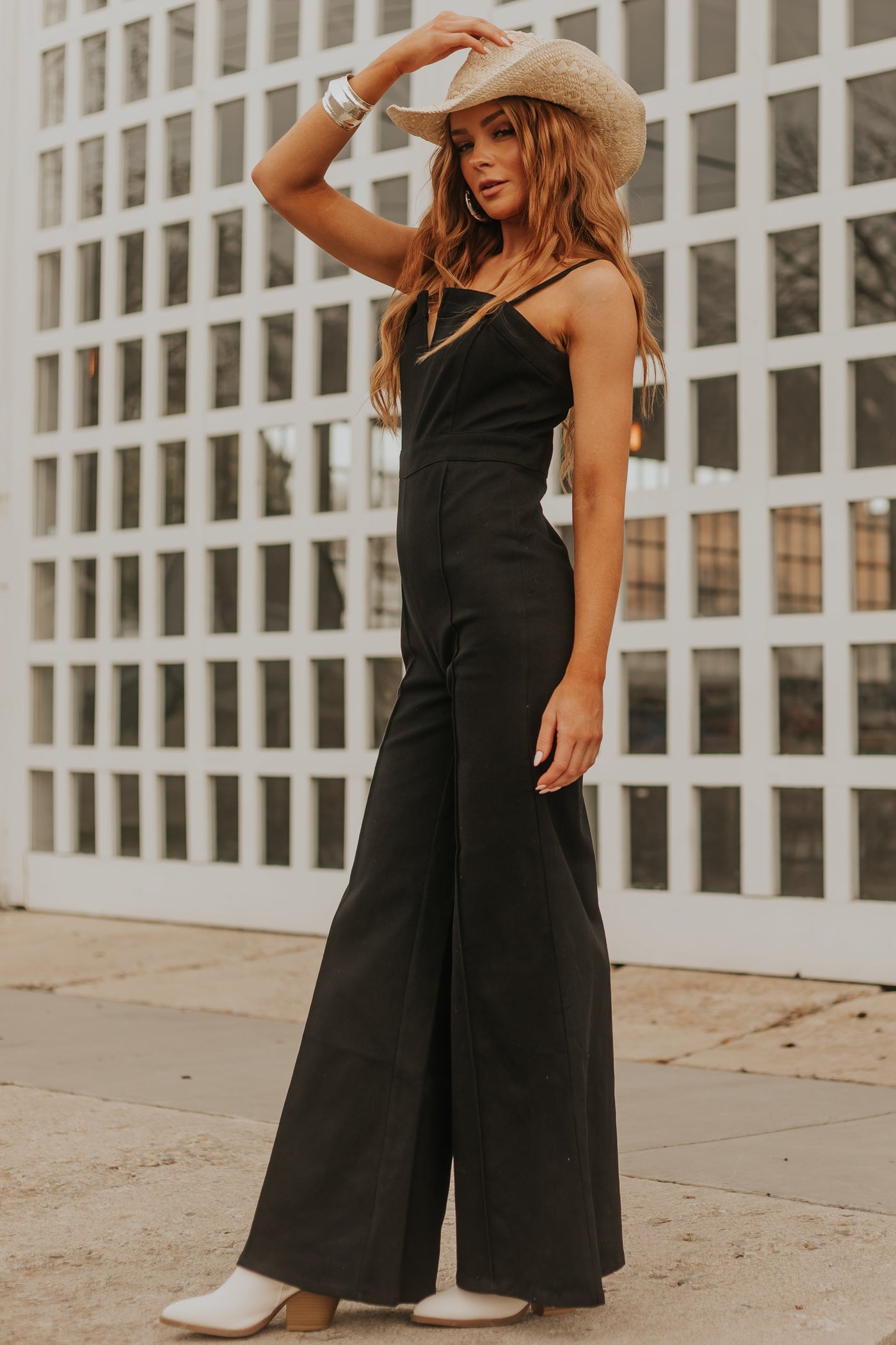 Black Notch Neck Flare Leg Denim Jumpsuit
