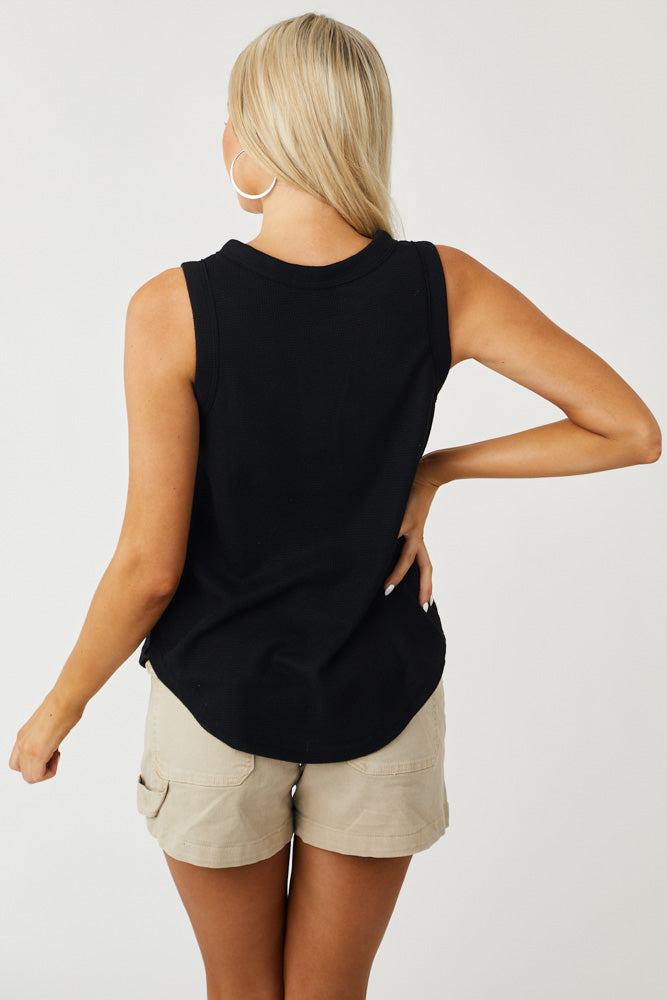 Black Notched Neck Waffle Knit Tank Top