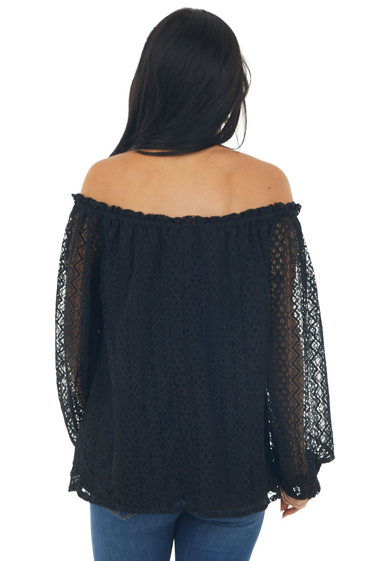 Black Off Shoulder Long Bubble Sleeve Lace Top