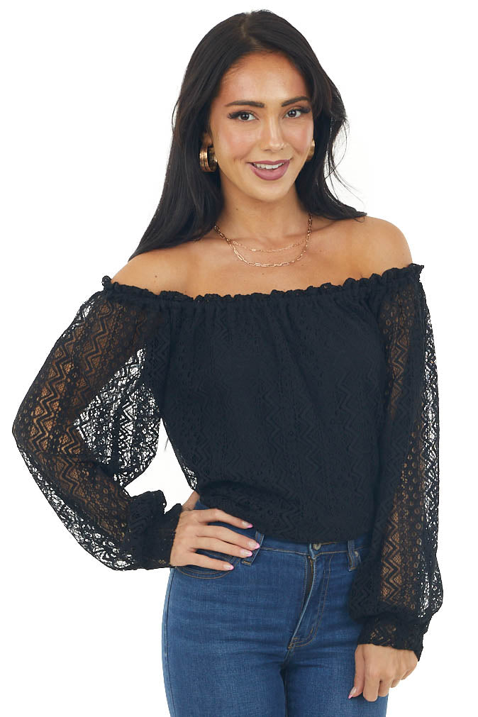 Black Off Shoulder Long Bubble Sleeve Lace Top