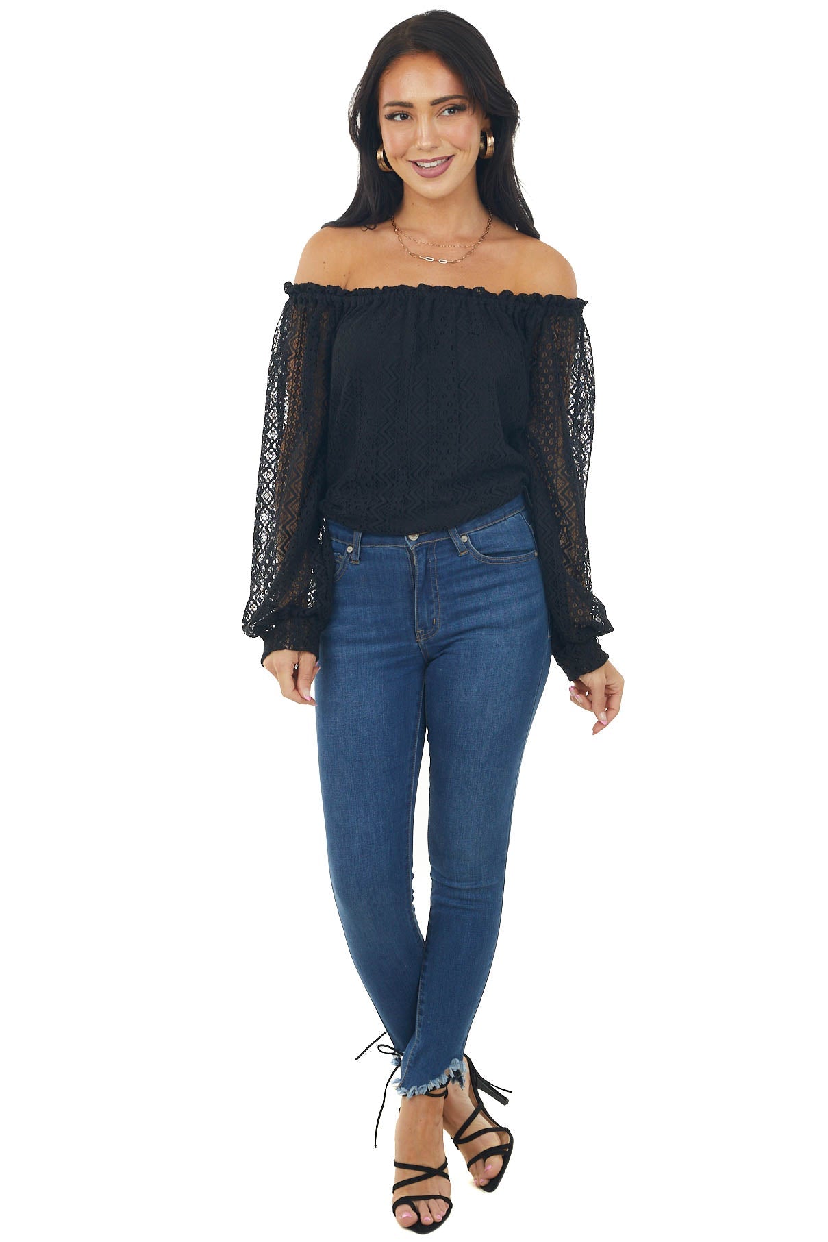 Black Off Shoulder Long Bubble Sleeve Lace Top