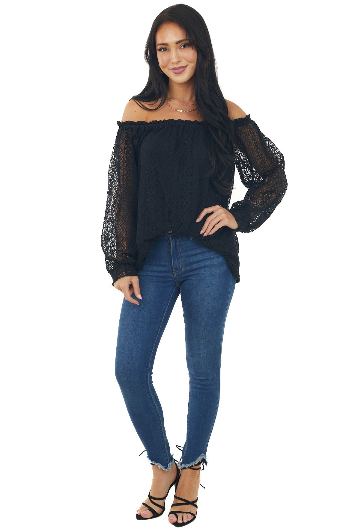 Black Off Shoulder Long Bubble Sleeve Lace Top